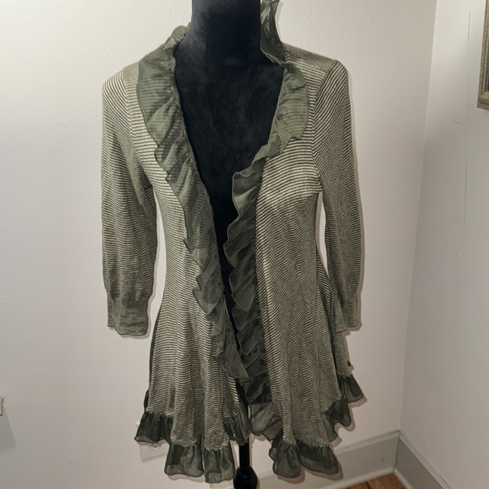 Guinevere /Anthropologie Sz L olive green stripe ruffle open cotton cardigan top